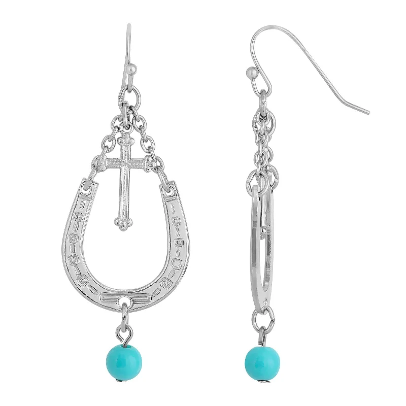 gothic style earrings -1928 Jewelry® Silver-Tone With Imitation Turquoise Accent Horseshoe And Cross Drop Earrings